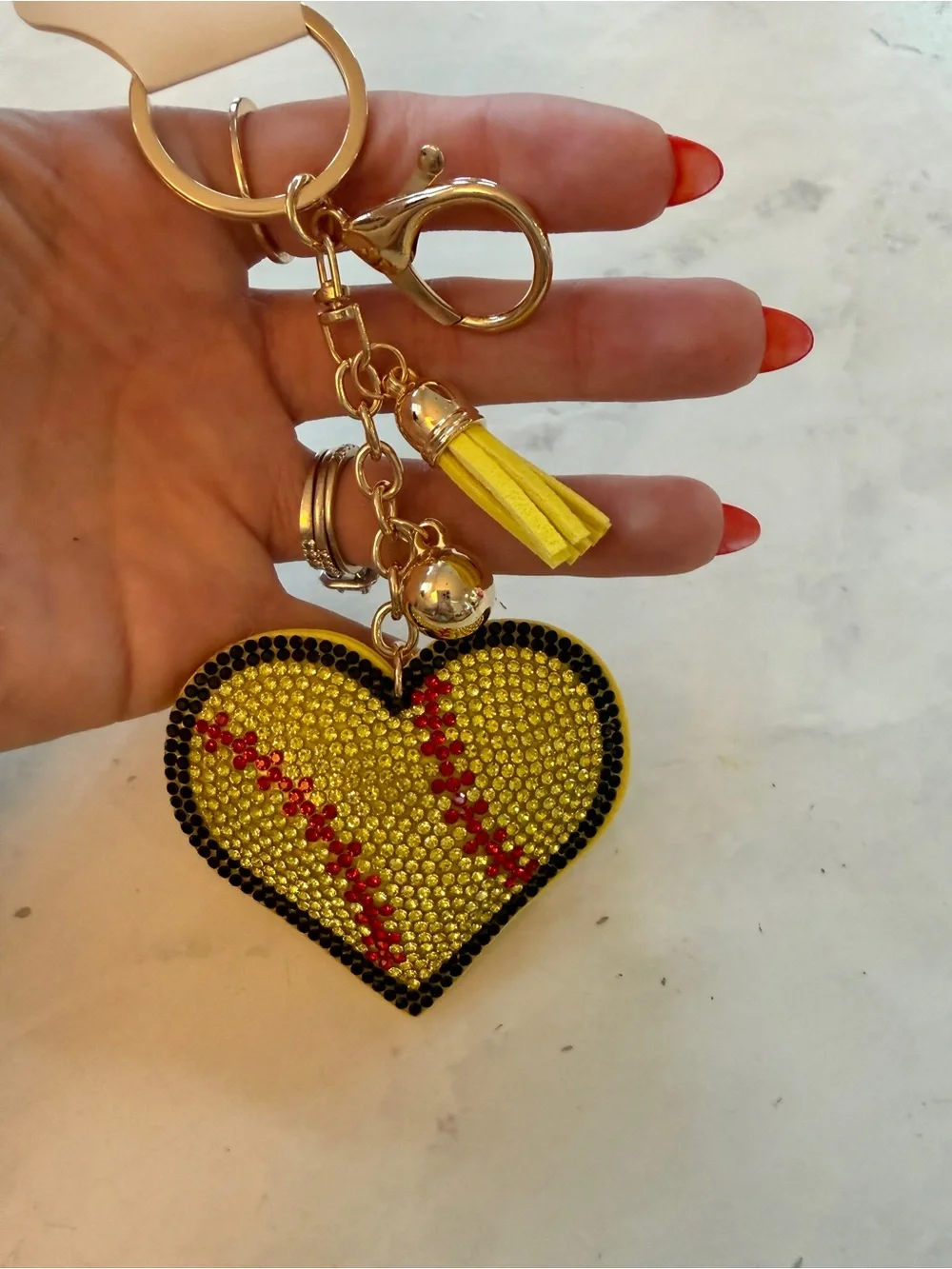 ✨ STUNNING Rhinestone Puffy Softball Heart Keychain / Bag Charm! ✨
